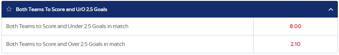 SkyBet BTTS & Over 2.5 goals markets